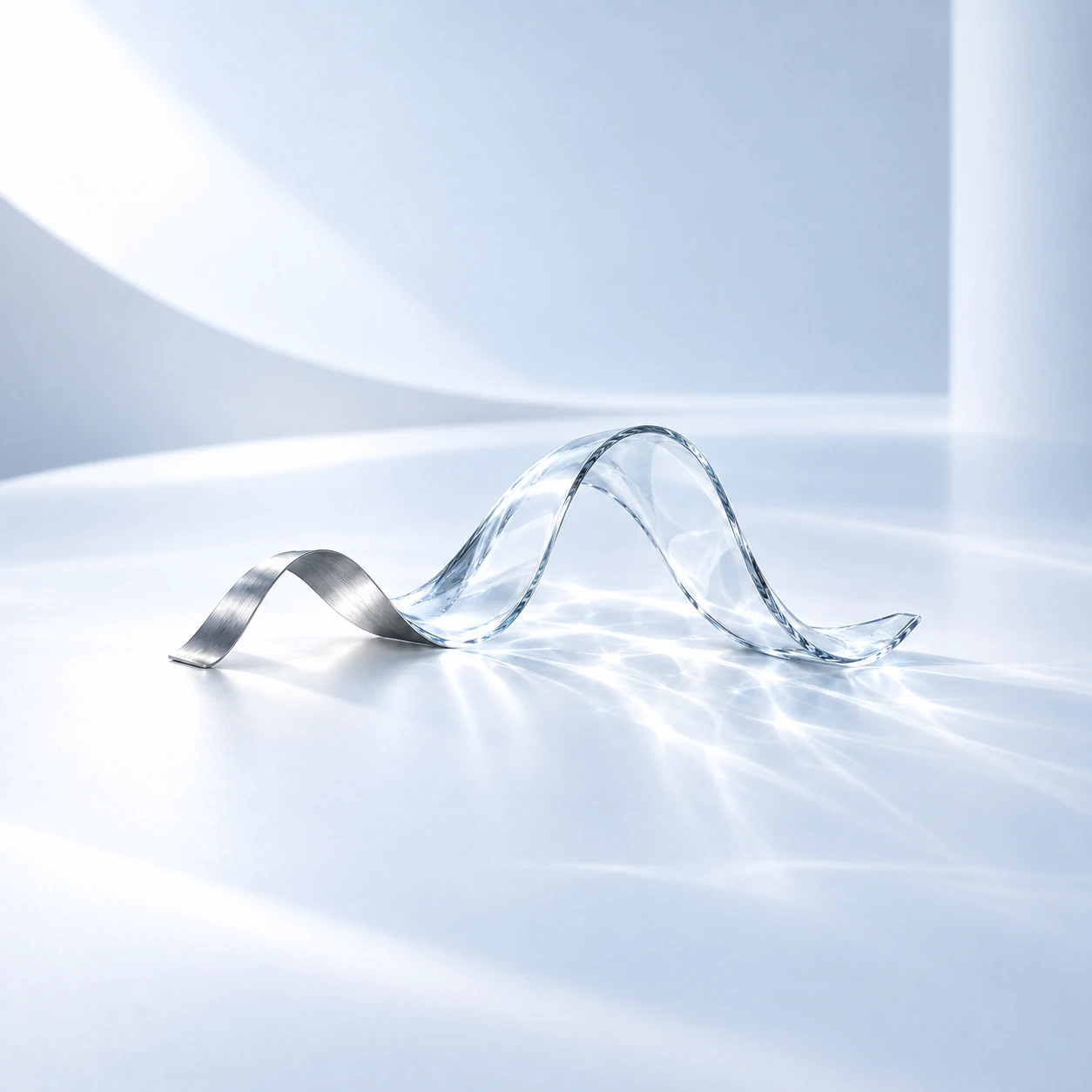 Sculptural ribbon of brushed silver and clear glass in a luminous white studio