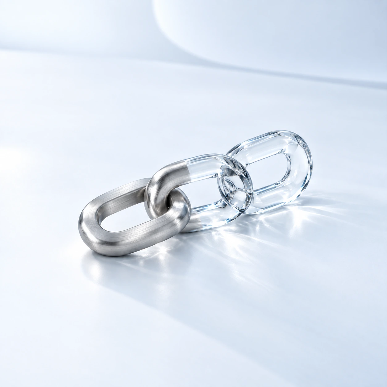 Three connected brushed-silver and crystal links representing traceability